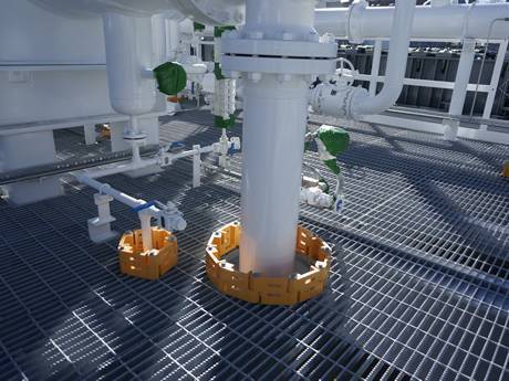 Gas plant steel grating with serrated surface is used as floor.